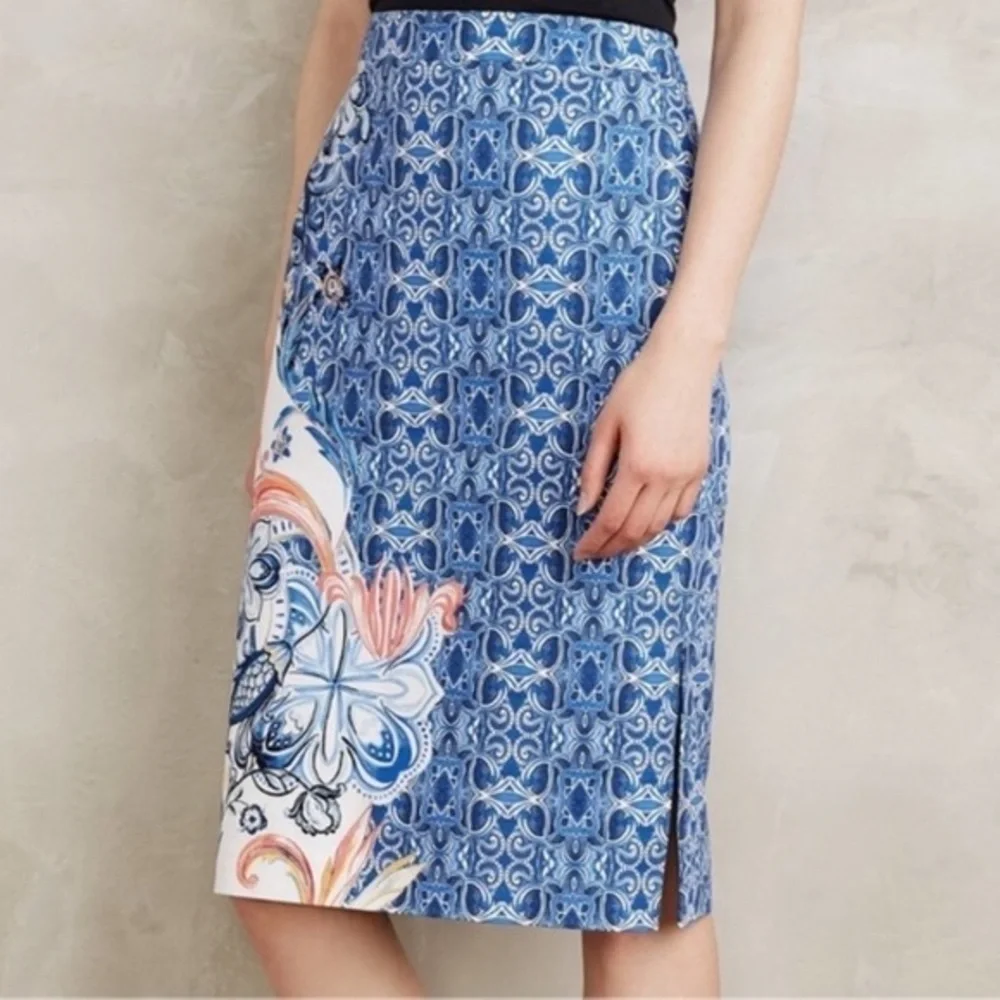 Anthropologie blue floral pencil skirt